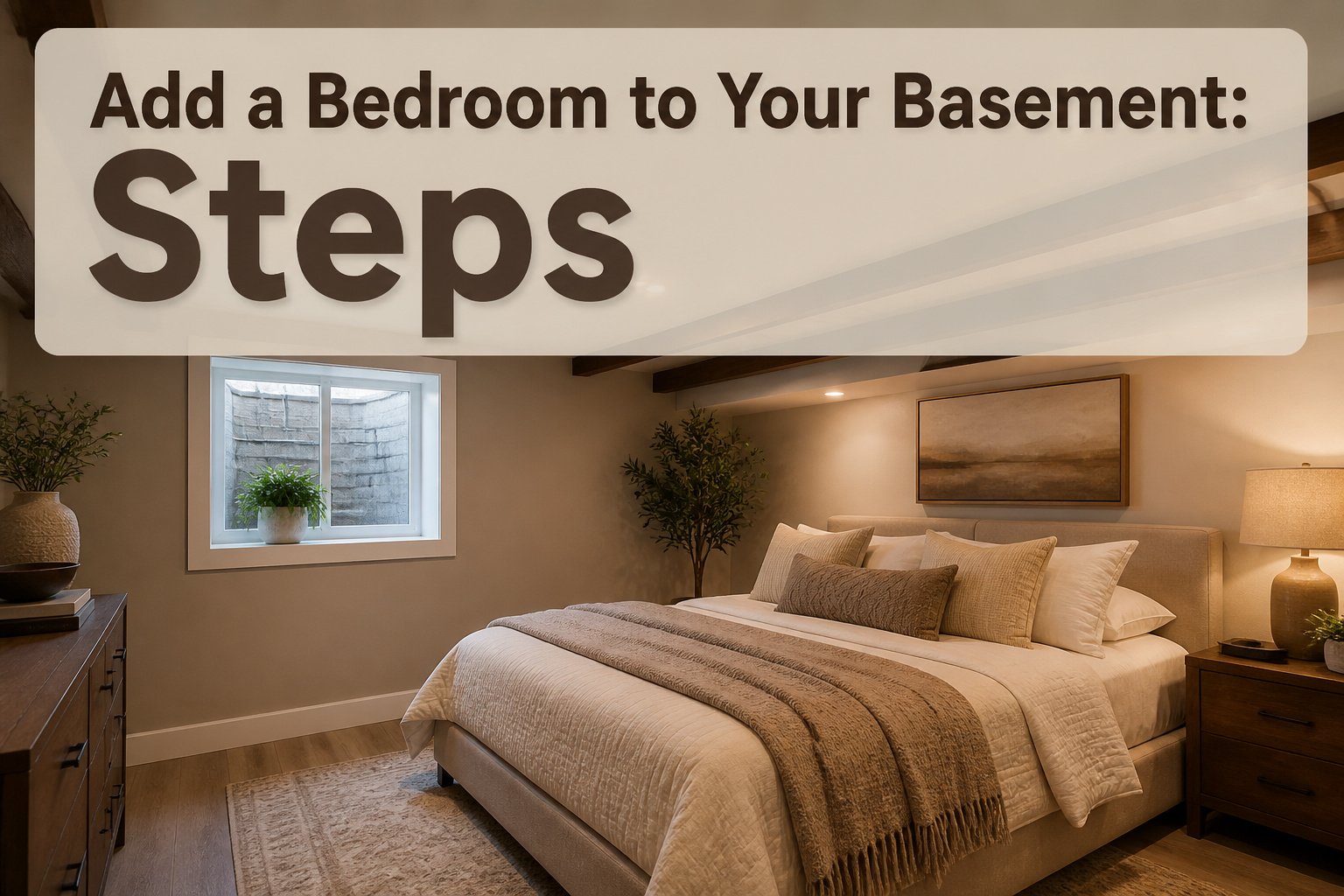 A stylish basement bedroom with a queen bed and decorative elements.