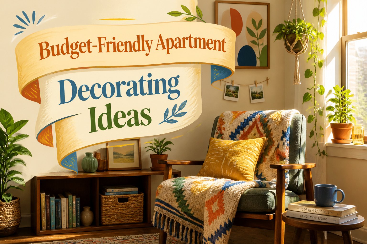 A cozy living room with light colors, natural light, and decorative elements.