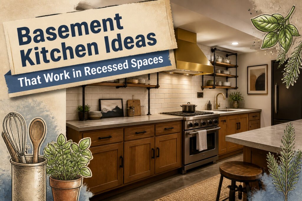 A modern basement kitchen with custom cabinetry and integrated dining nook.