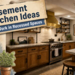 A modern basement kitchen with custom cabinetry and integrated dining nook.