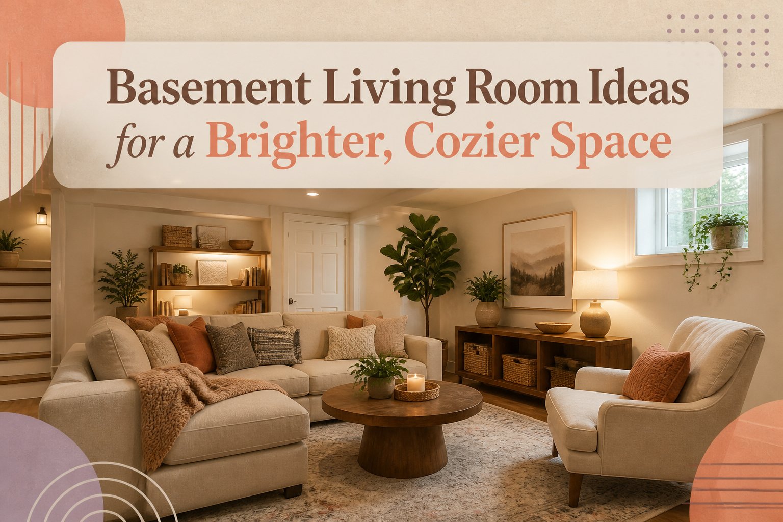 Cozy basement living room with soft furnishings and warm lighting.