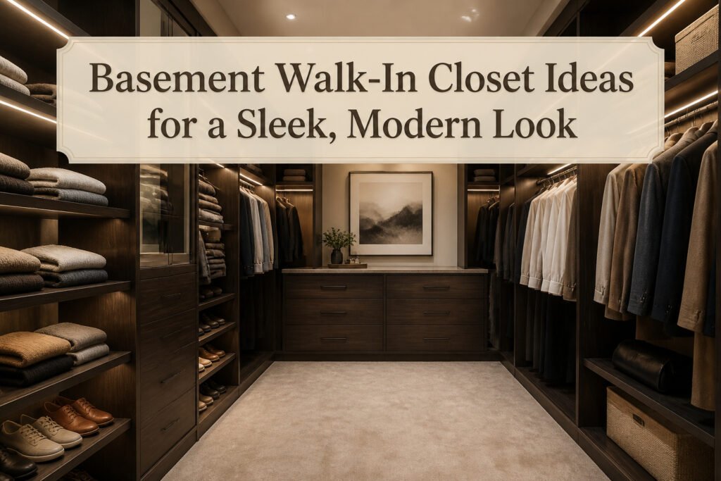 A modern basement walk-in closet with organized shelves and stylish cabinetry.