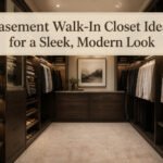 A modern basement walk-in closet with organized shelves and stylish cabinetry.