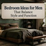 A modern bedroom featuring a neatly made bed and layered fabrics.