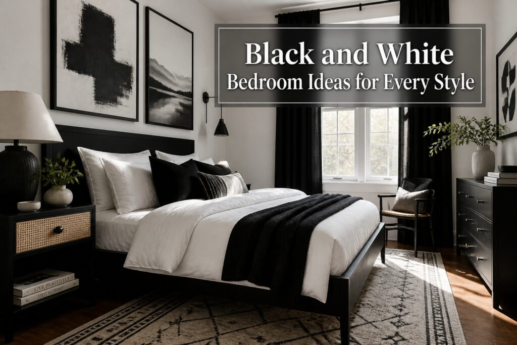 A black and white bedroom featuring various design styles and elements.