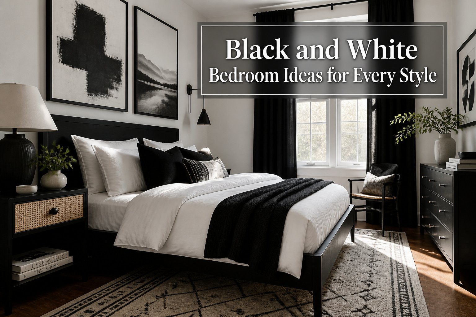 A black and white bedroom featuring various design styles and elements.