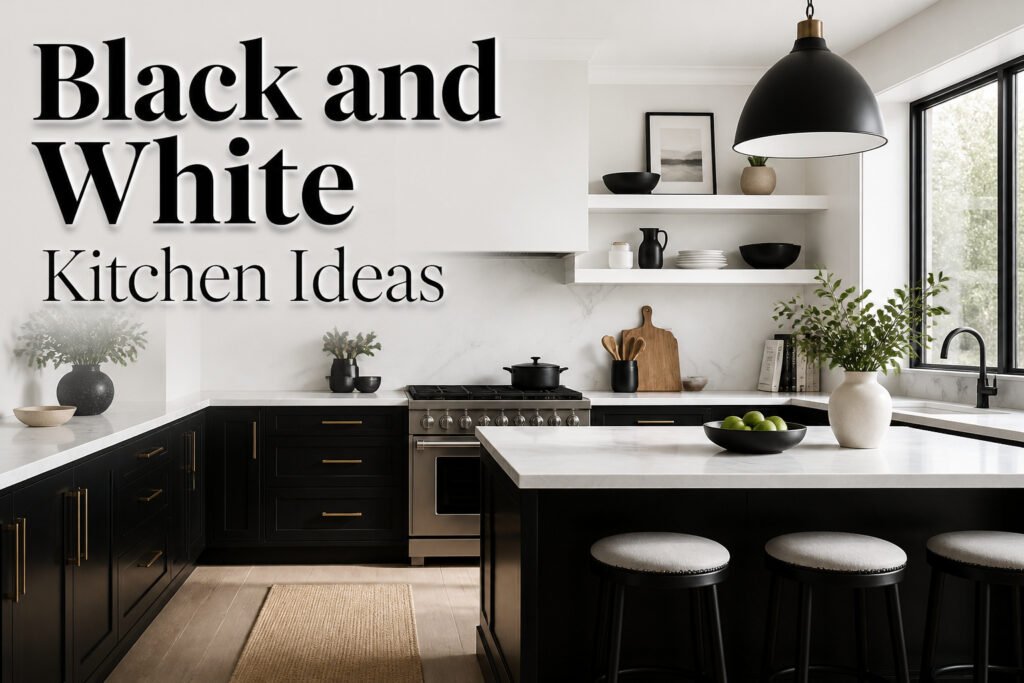 A modern kitchen with black lower cabinets and white upper cabinets.
