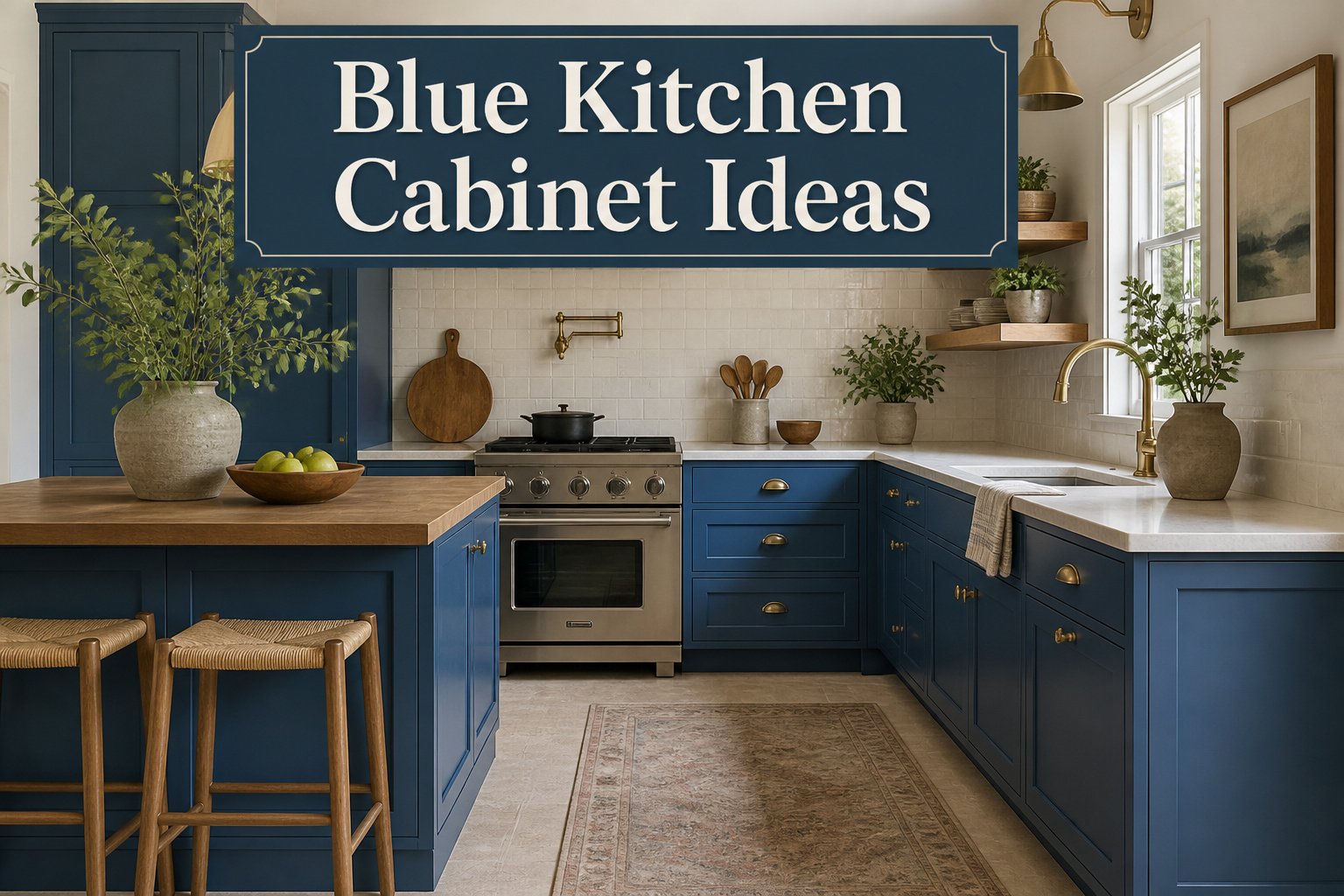 Various blue kitchen cabinet designs in different styles and finishes.