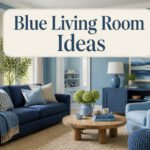 A collage of different blue living room designs and decor styles.