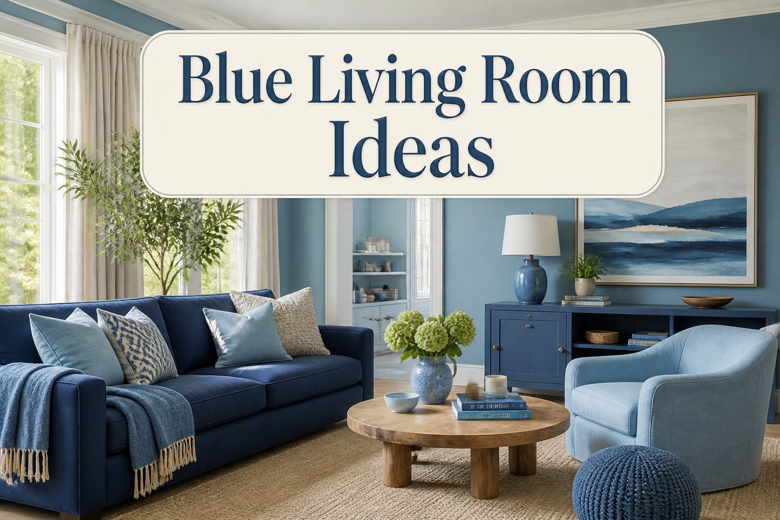 A collage of different blue living room designs and decor styles.