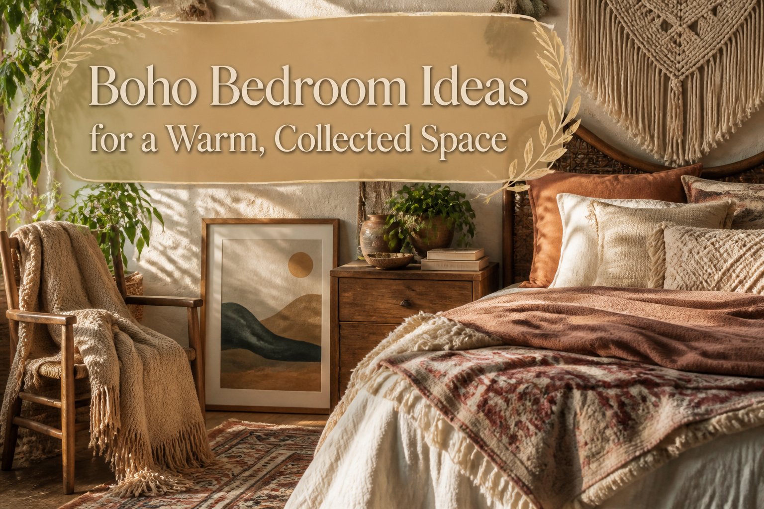 A boho bedroom with layered bedding, plants, and natural wood accents.