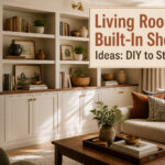 A living room with stylish built-in shelves displaying decor and books.