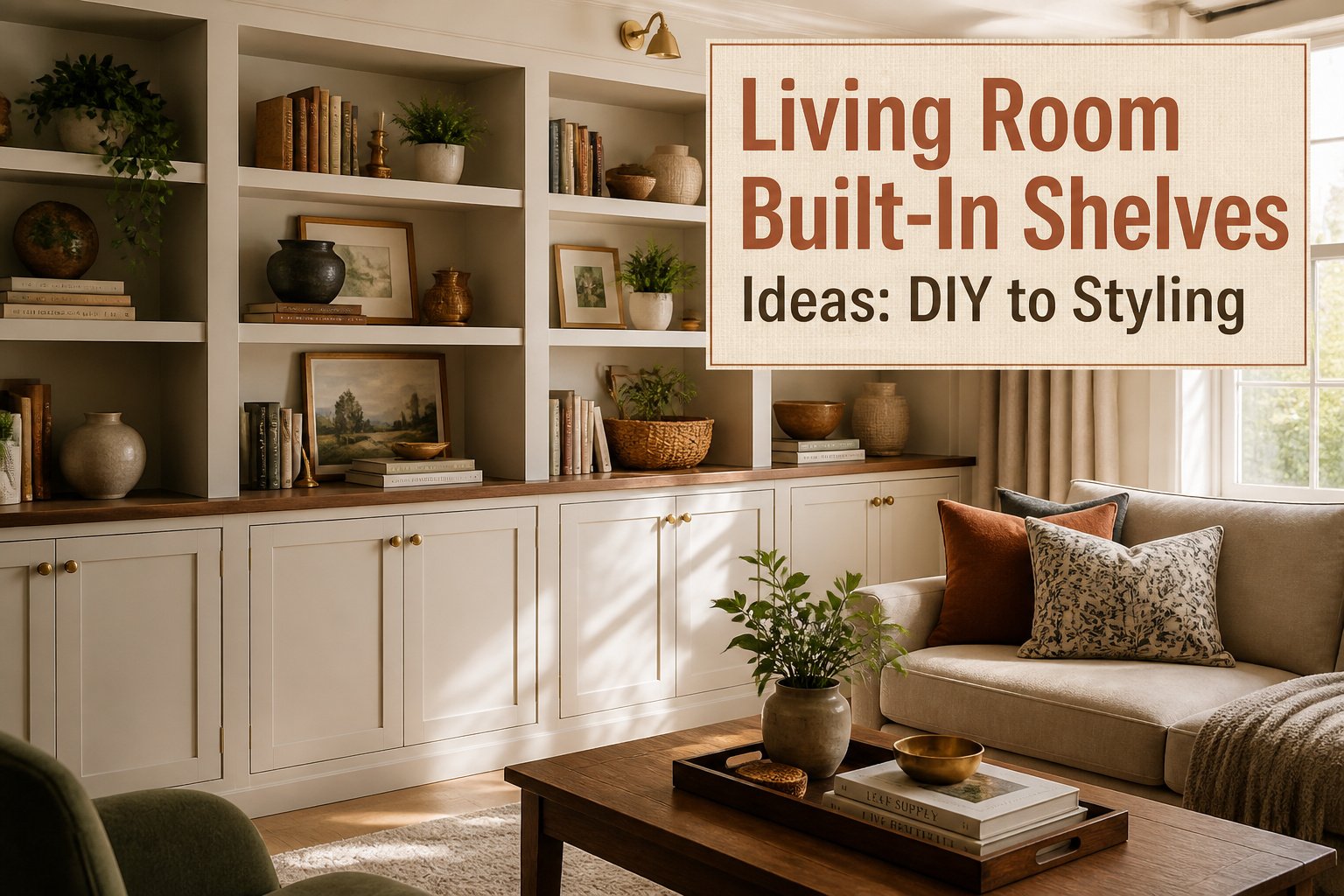A living room with stylish built-in shelves displaying decor and books.