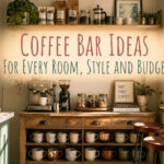 A coffee station with various appliances and decor in a kitchen corner.