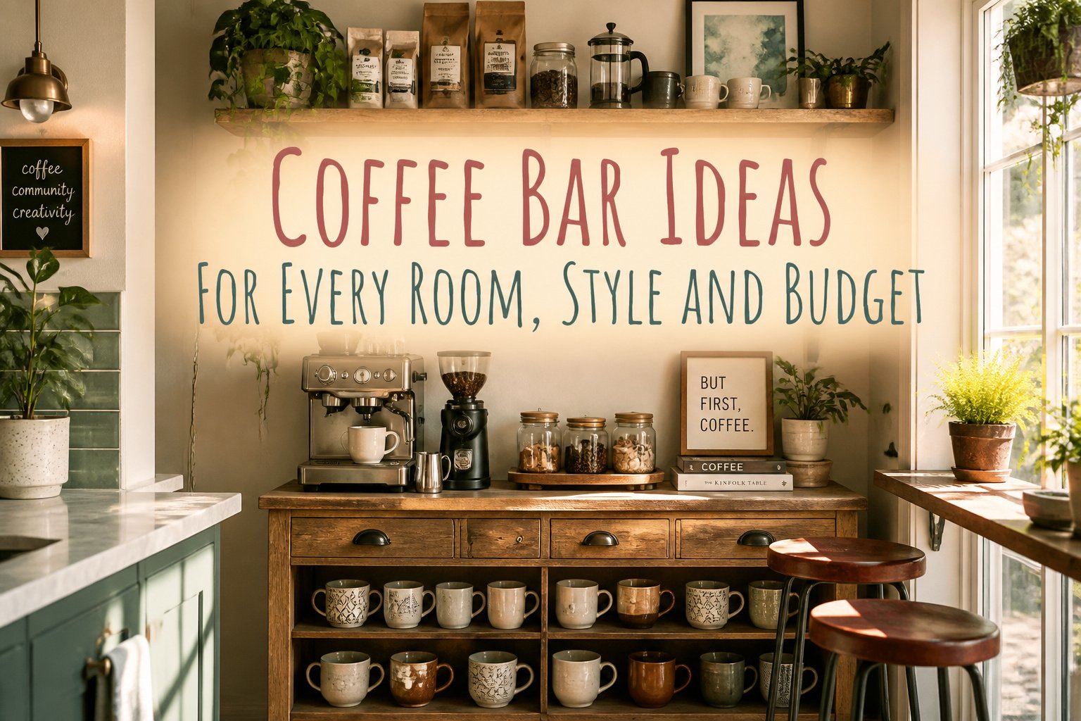 A coffee station with various appliances and decor in a kitchen corner.
