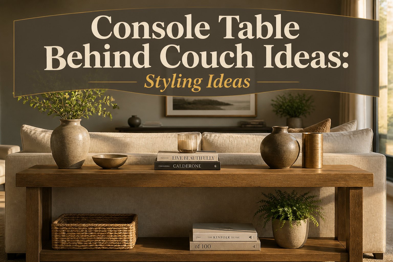 Stylish console table behind a couch with decorative items.