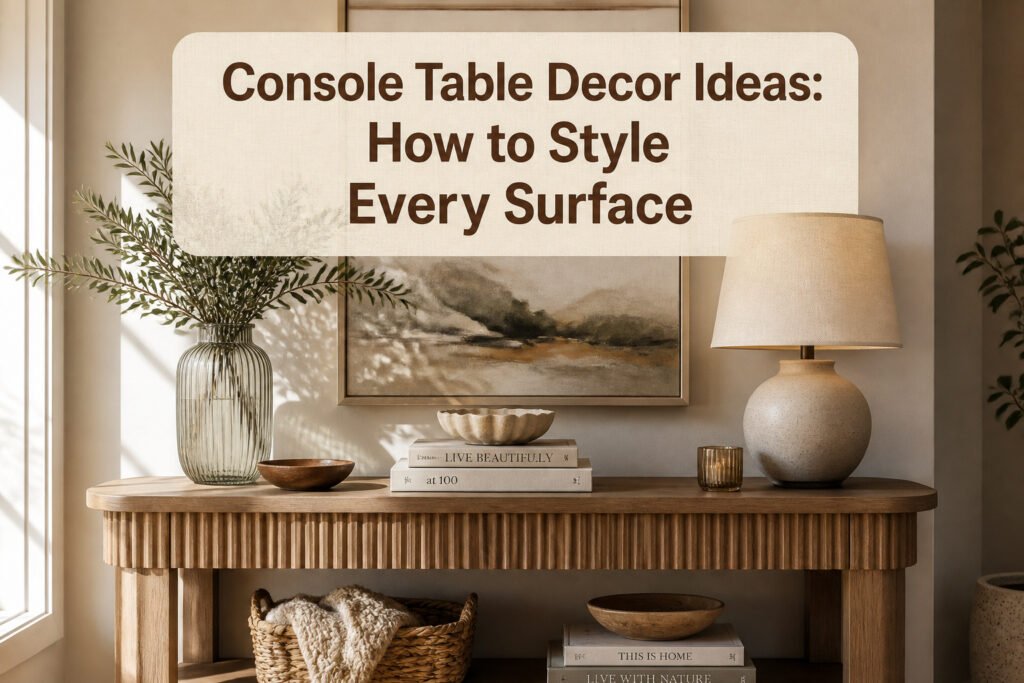 A console table with decor items including a vase, books, and a lamp.
