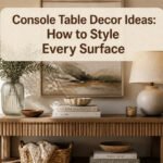 A console table with decor items including a vase, books, and a lamp.