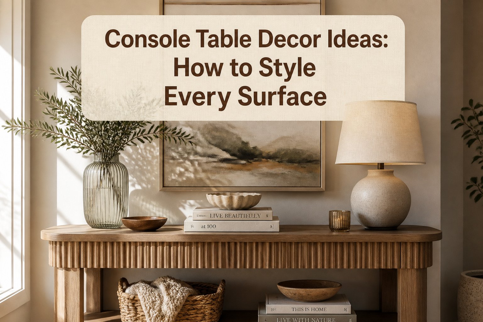 A console table with decor items including a vase, books, and a lamp.