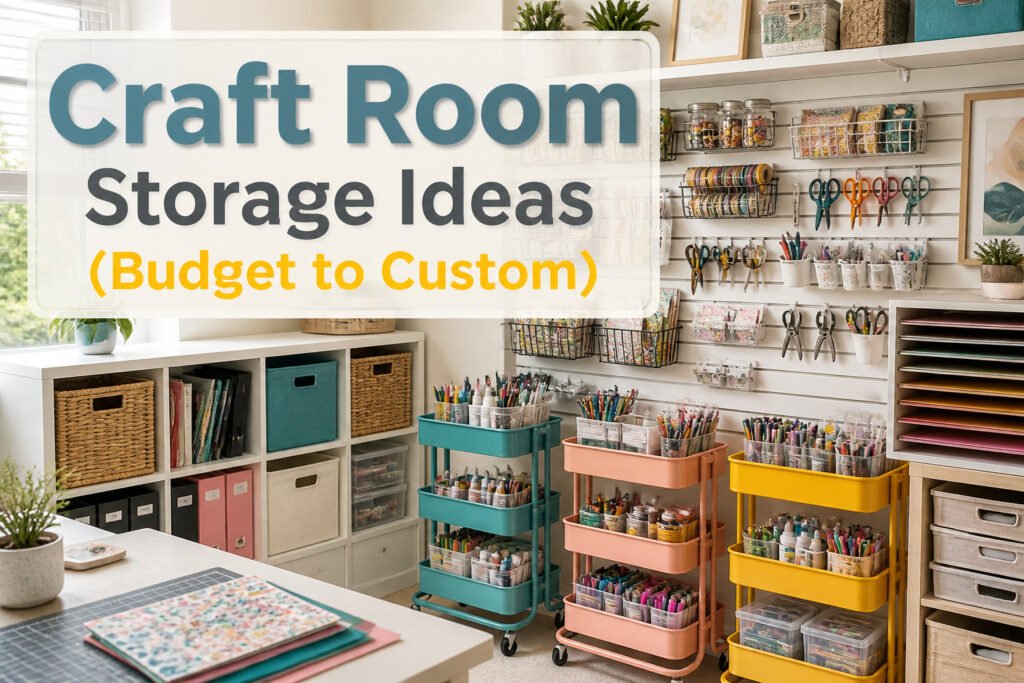 A bright craft room with storage solutions and supplies neatly arranged.