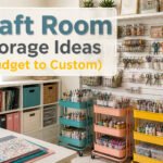 A bright craft room with storage solutions and supplies neatly arranged.