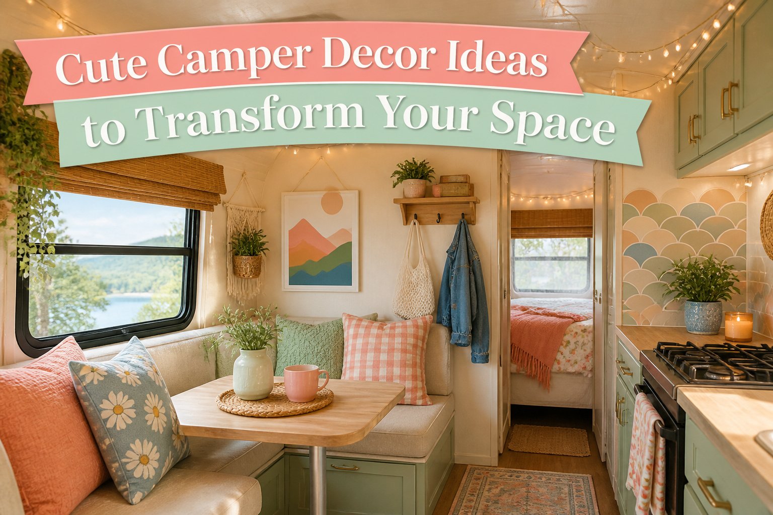 Interior of a cozy camper with warm colors and soft bedding.