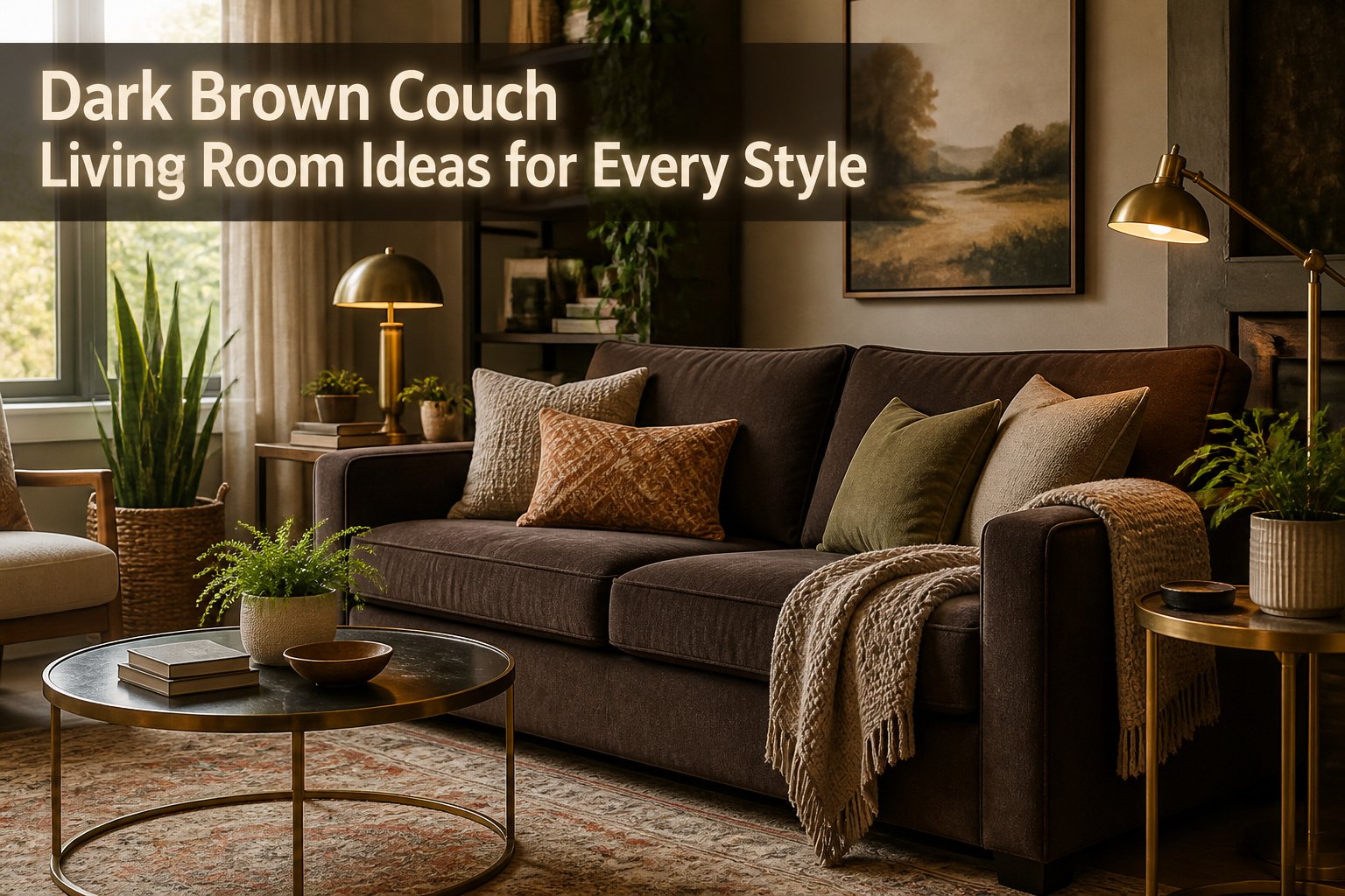 Dark brown couch with various pillows and decor in a living room.