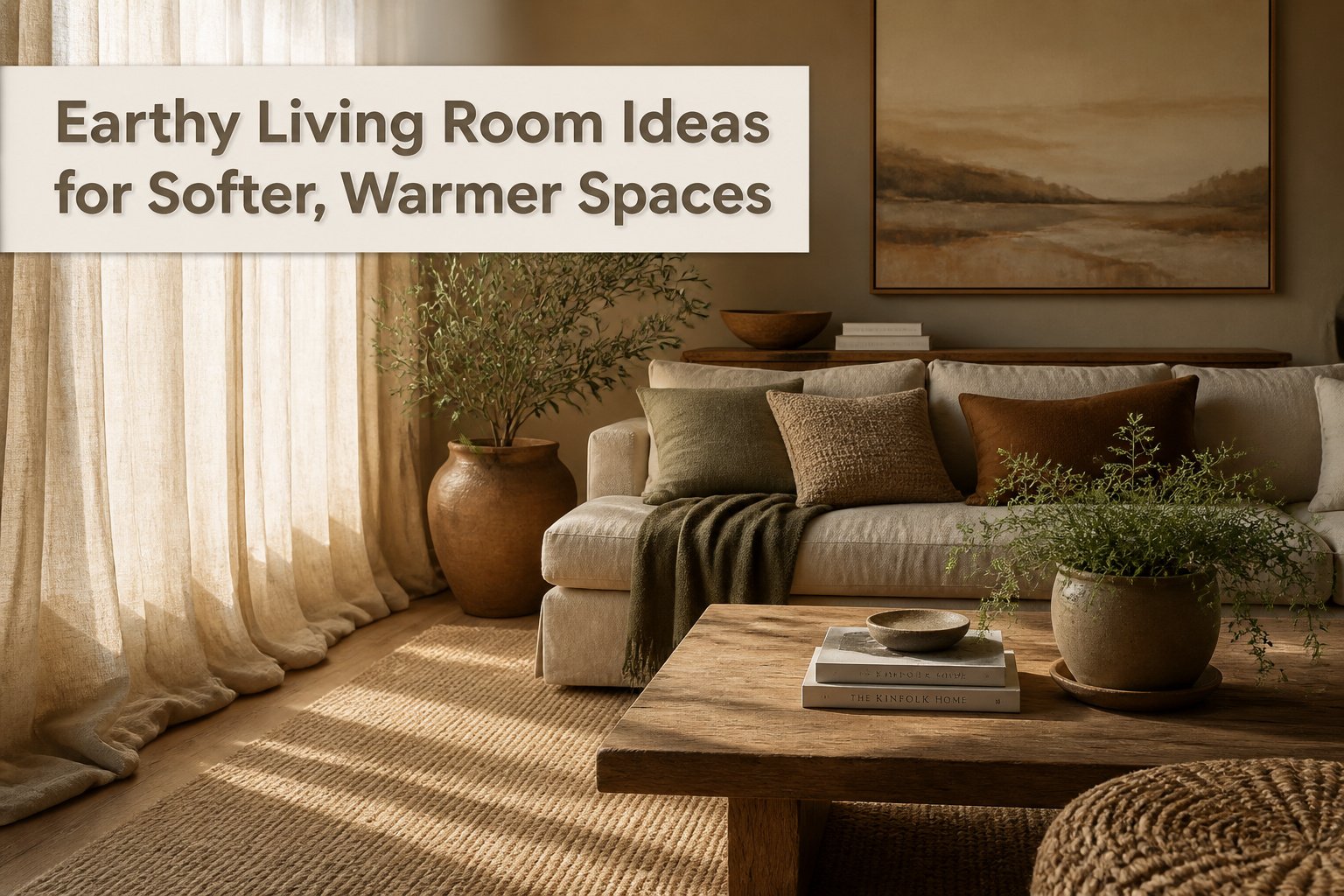 Collage of various earthy living room designs featuring warm colors and textures.