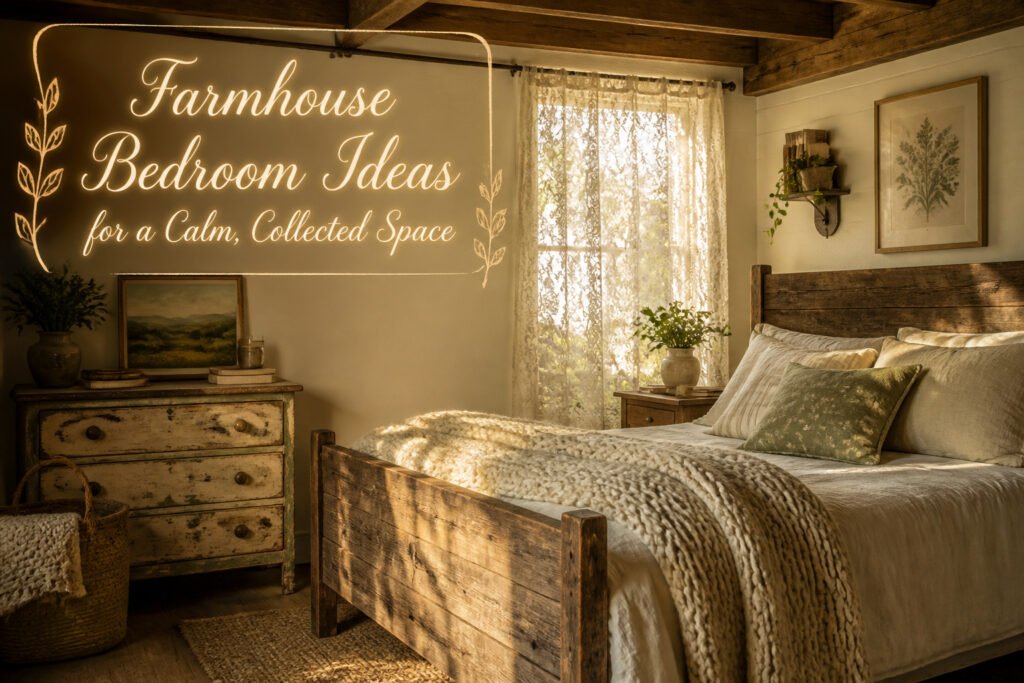 Farmhouse bedroom with neutral bedding, wooden elements, and natural light.