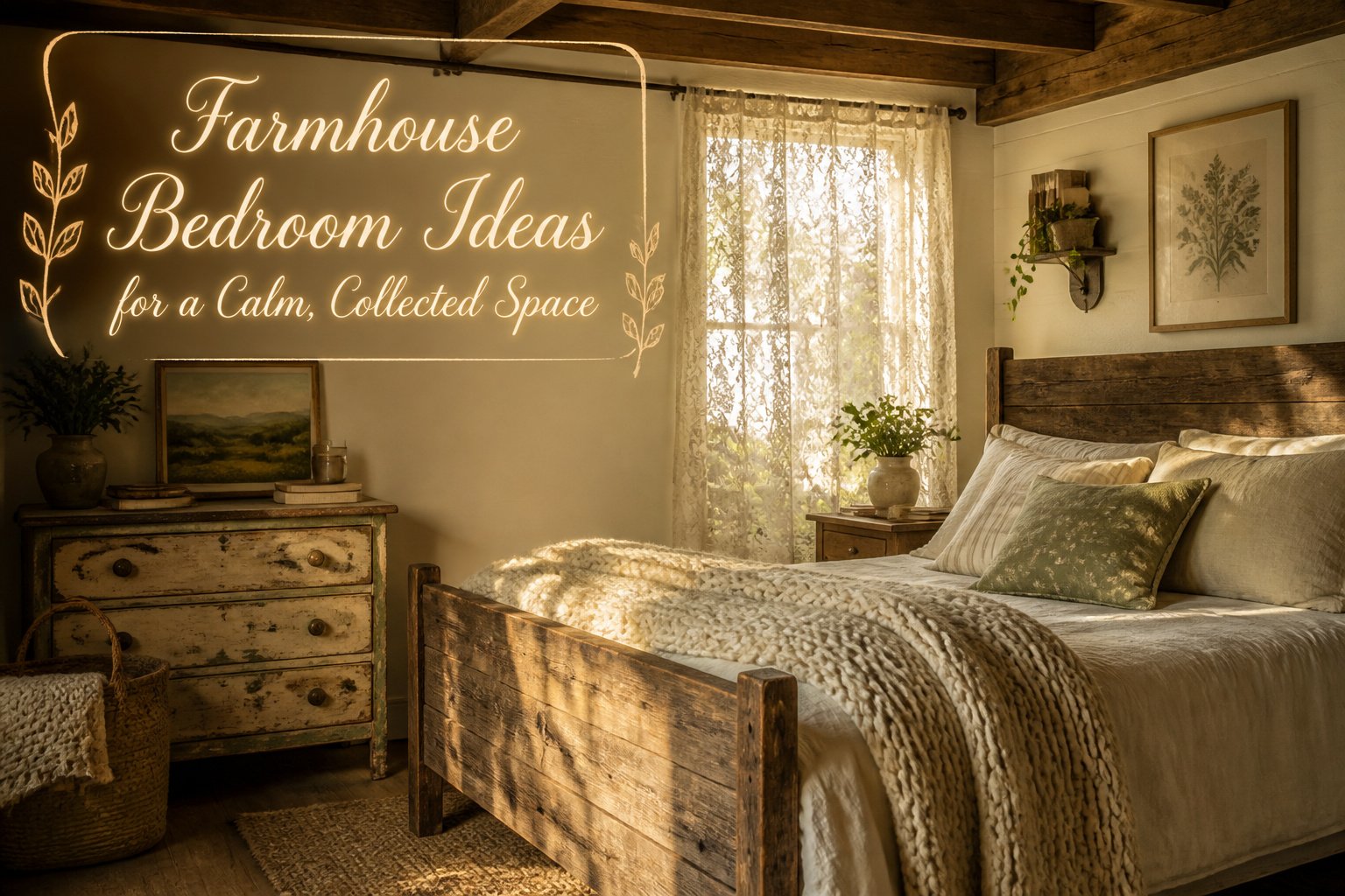 Farmhouse bedroom with neutral bedding, wooden elements, and natural light.