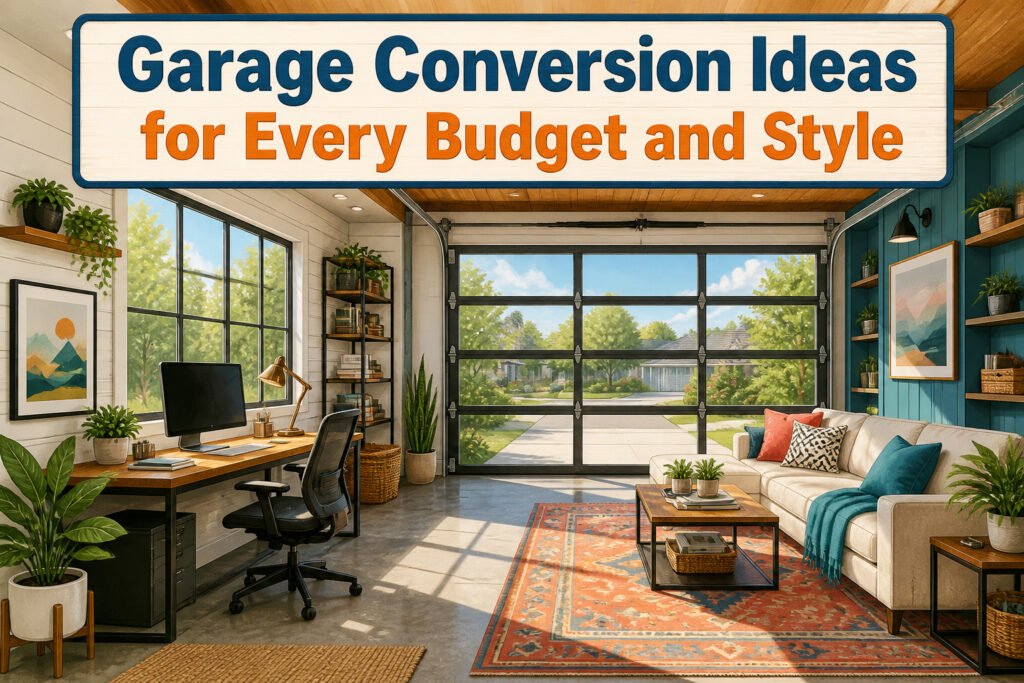 A collage of various garage conversion ideas showcasing different styles and uses.