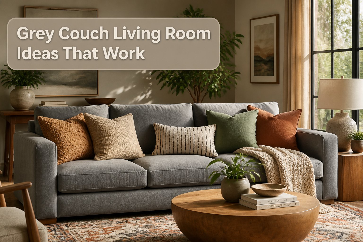 A grey couch with pillows and a throw in a cozy living room setting.