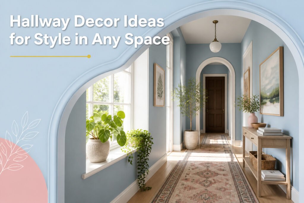 A hallway with various decor elements and design ideas.