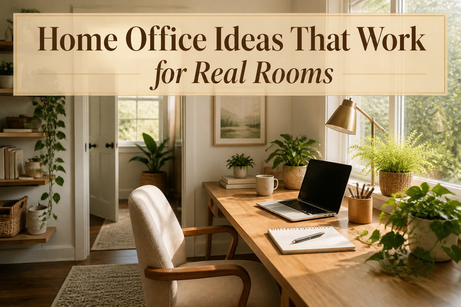 A stylish home office featuring a desk, chair, and decorative elements.