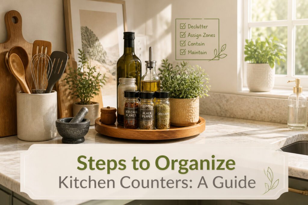 An organized kitchen counter with minimal items and a clean surface.