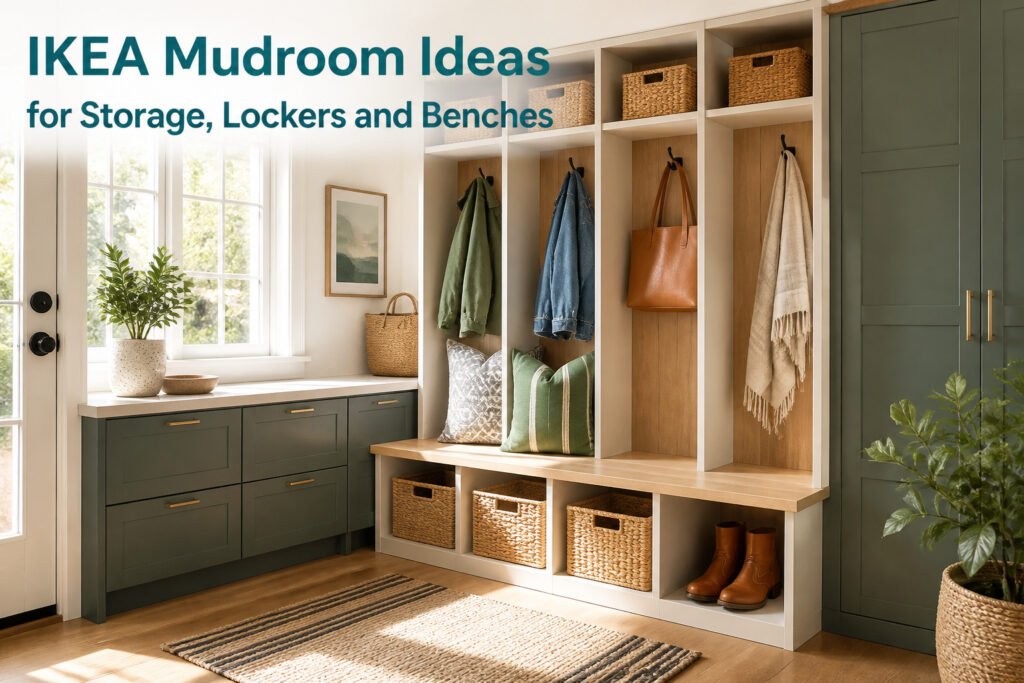 An organized mudroom with IKEA storage solutions and a bench.