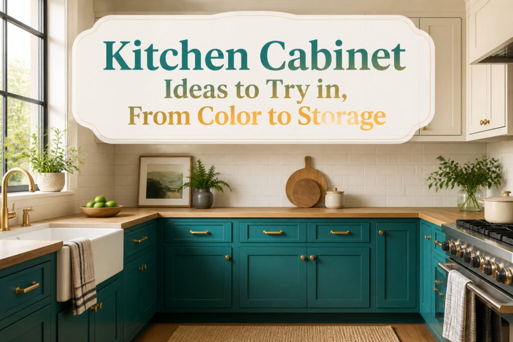A modern kitchen showcasing different cabinet styles and colors.