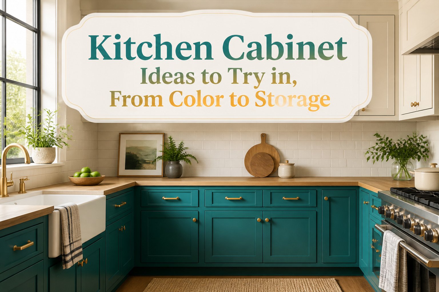 A modern kitchen showcasing different cabinet styles and colors.