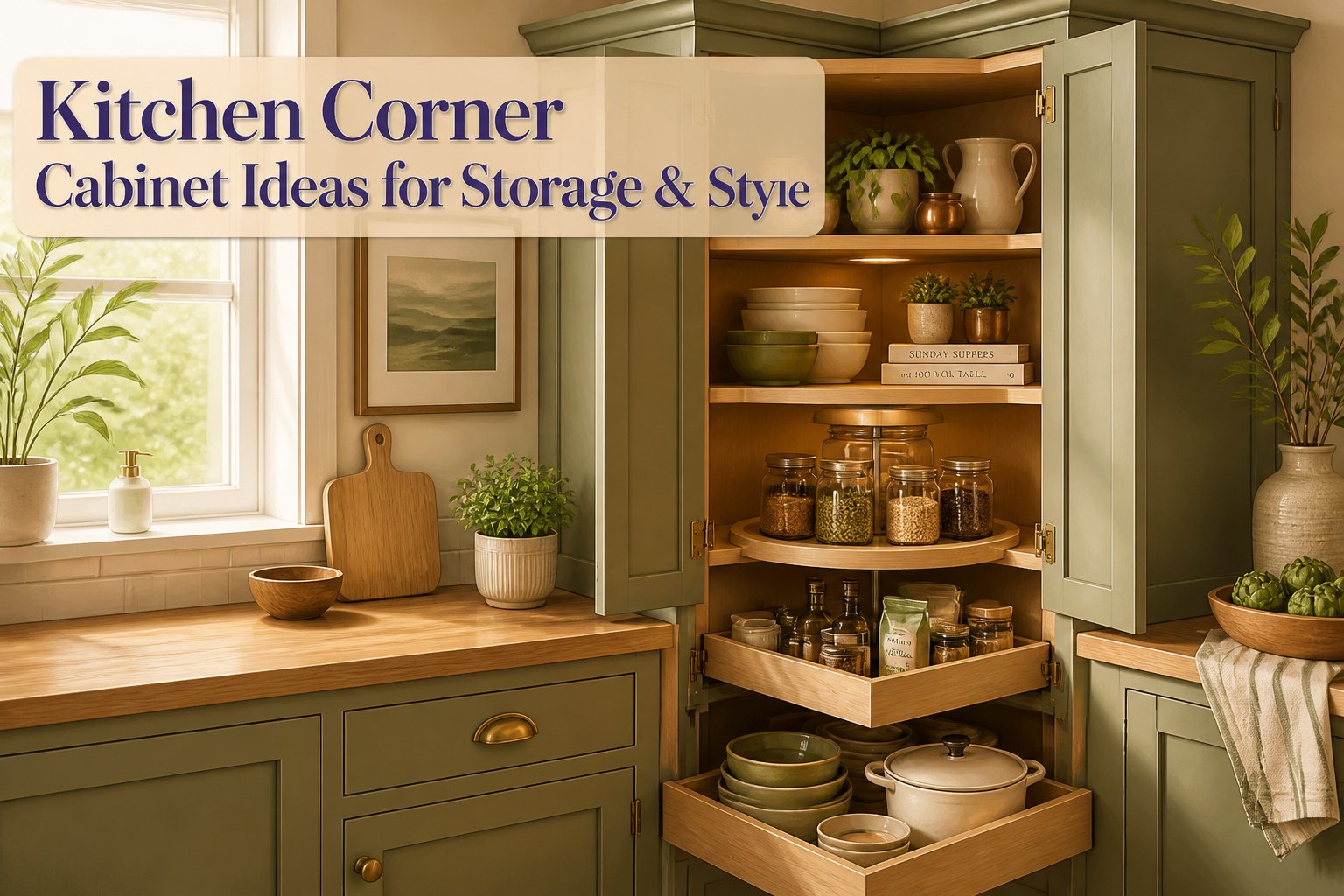 A collage of different kitchen corner cabinet designs and styles.