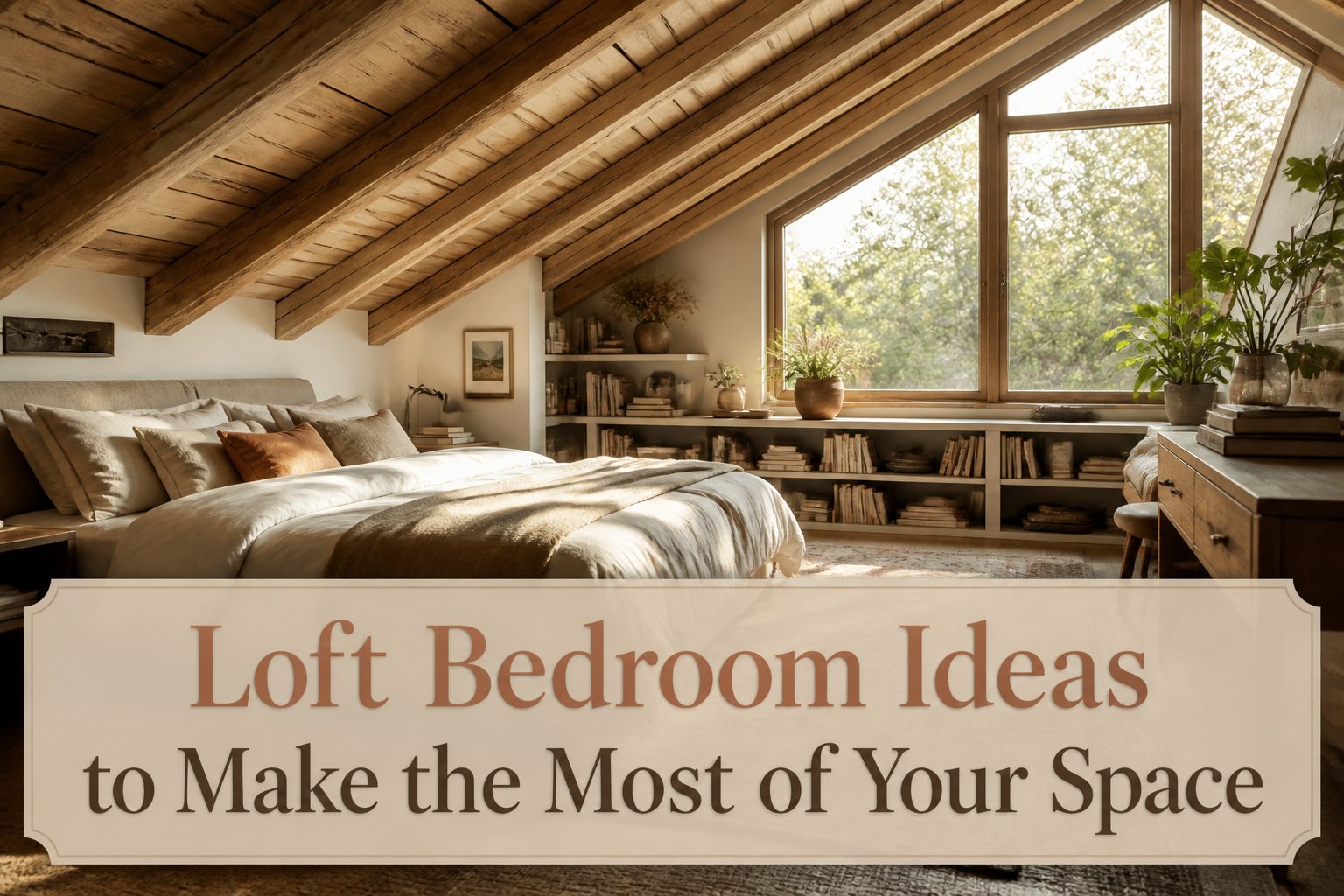 A loft bedroom featuring a low-profile bed and bright white walls.