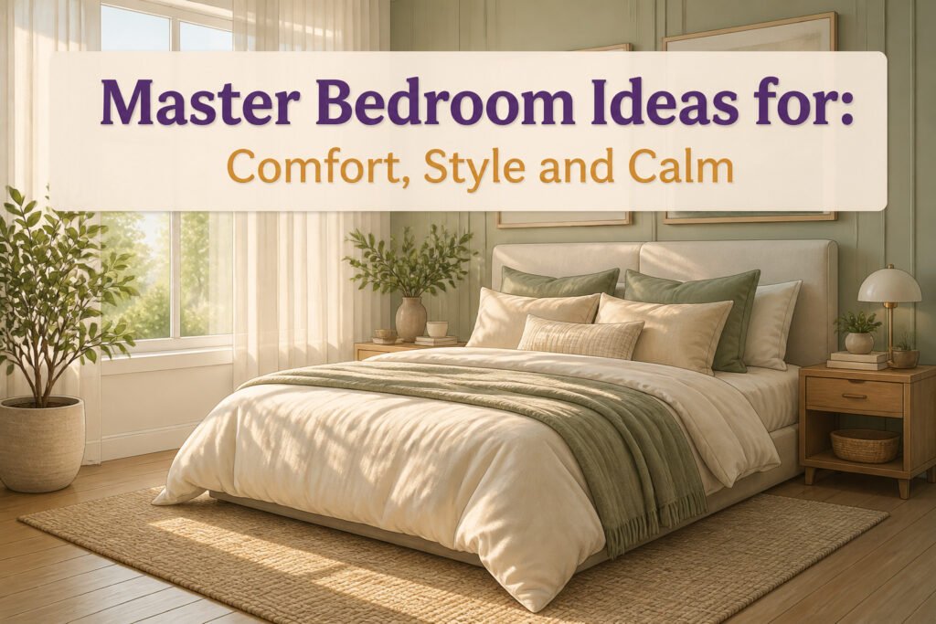 A master bedroom featuring a bed, nightstands, and decorative accessories.