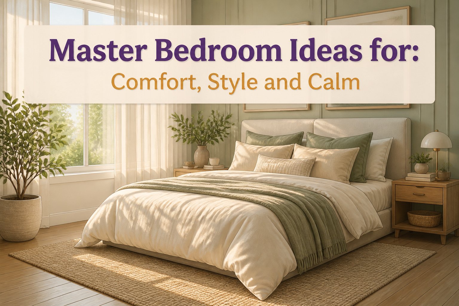 A master bedroom featuring a bed, nightstands, and decorative accessories.