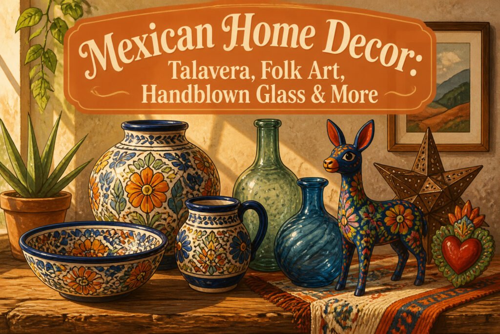 Colorful Mexican pottery and textiles arranged in a decorative setting.