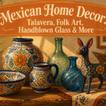 Colorful Mexican pottery and textiles arranged in a decorative setting.