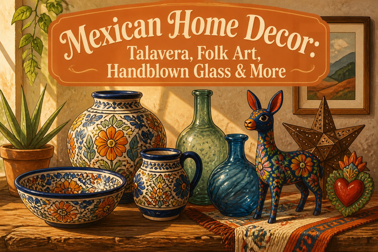 Colorful Mexican pottery and textiles arranged in a decorative setting.