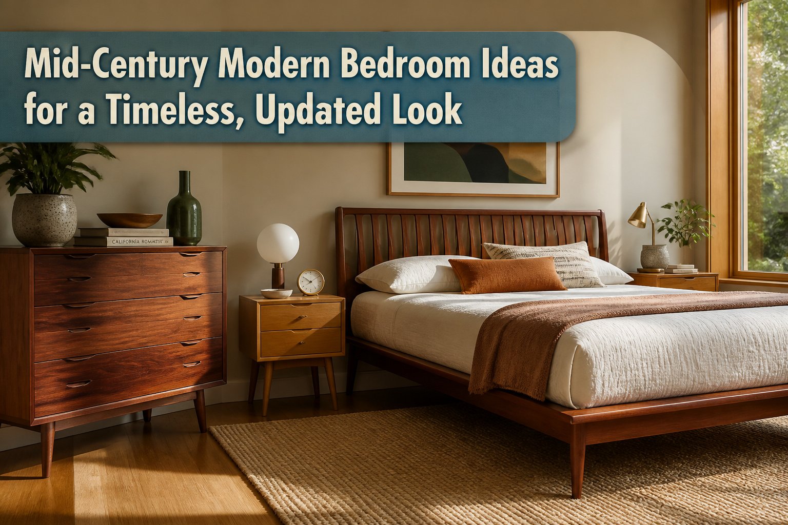A mid-century modern bedroom featuring wood furniture and neutral colors.