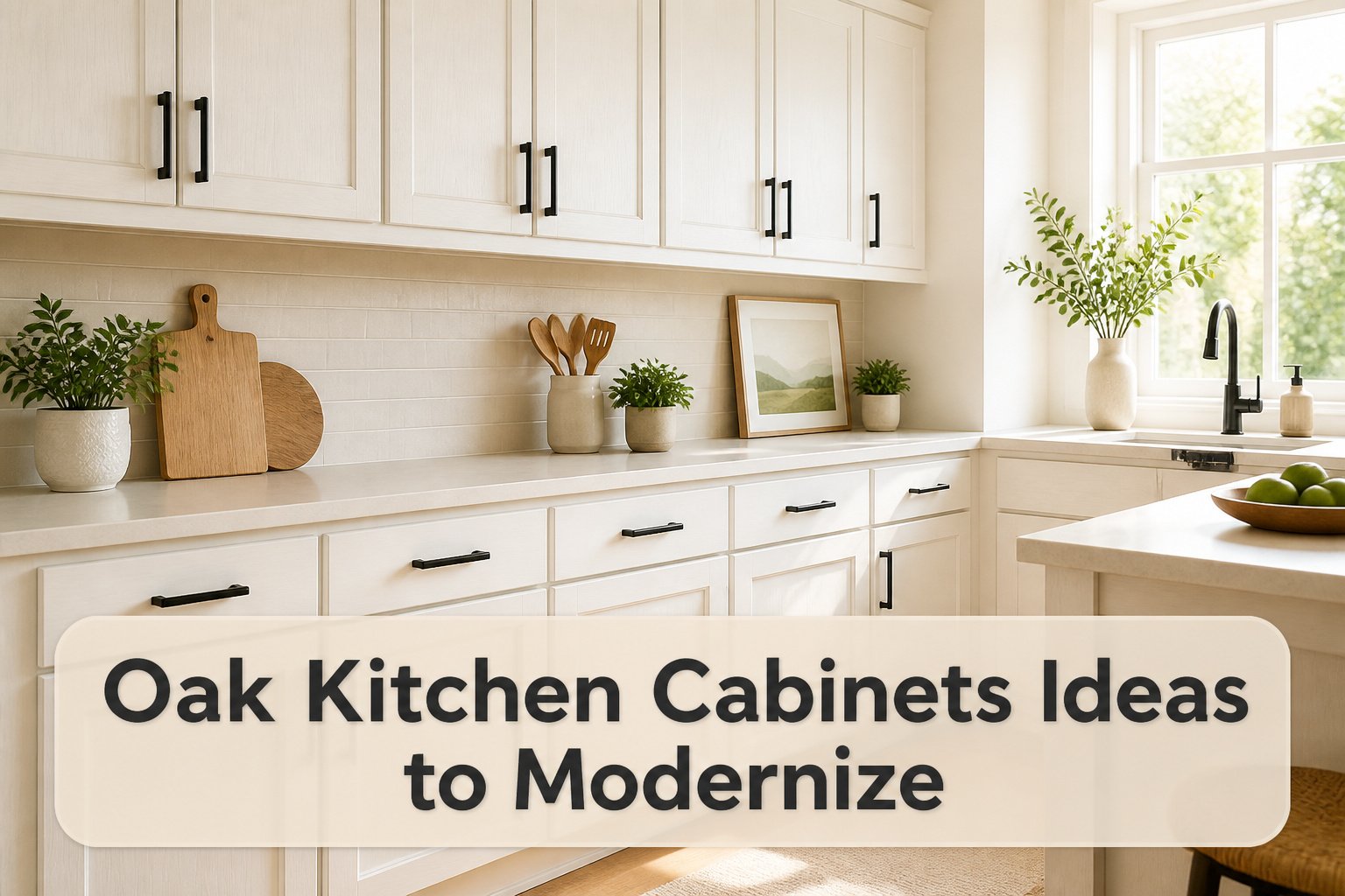 A kitchen with oak cabinets, natural light, and decorative elements.