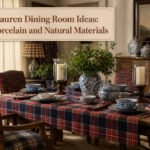 A cozy dining room featuring a wooden table, plaid textiles, and elegant decor.