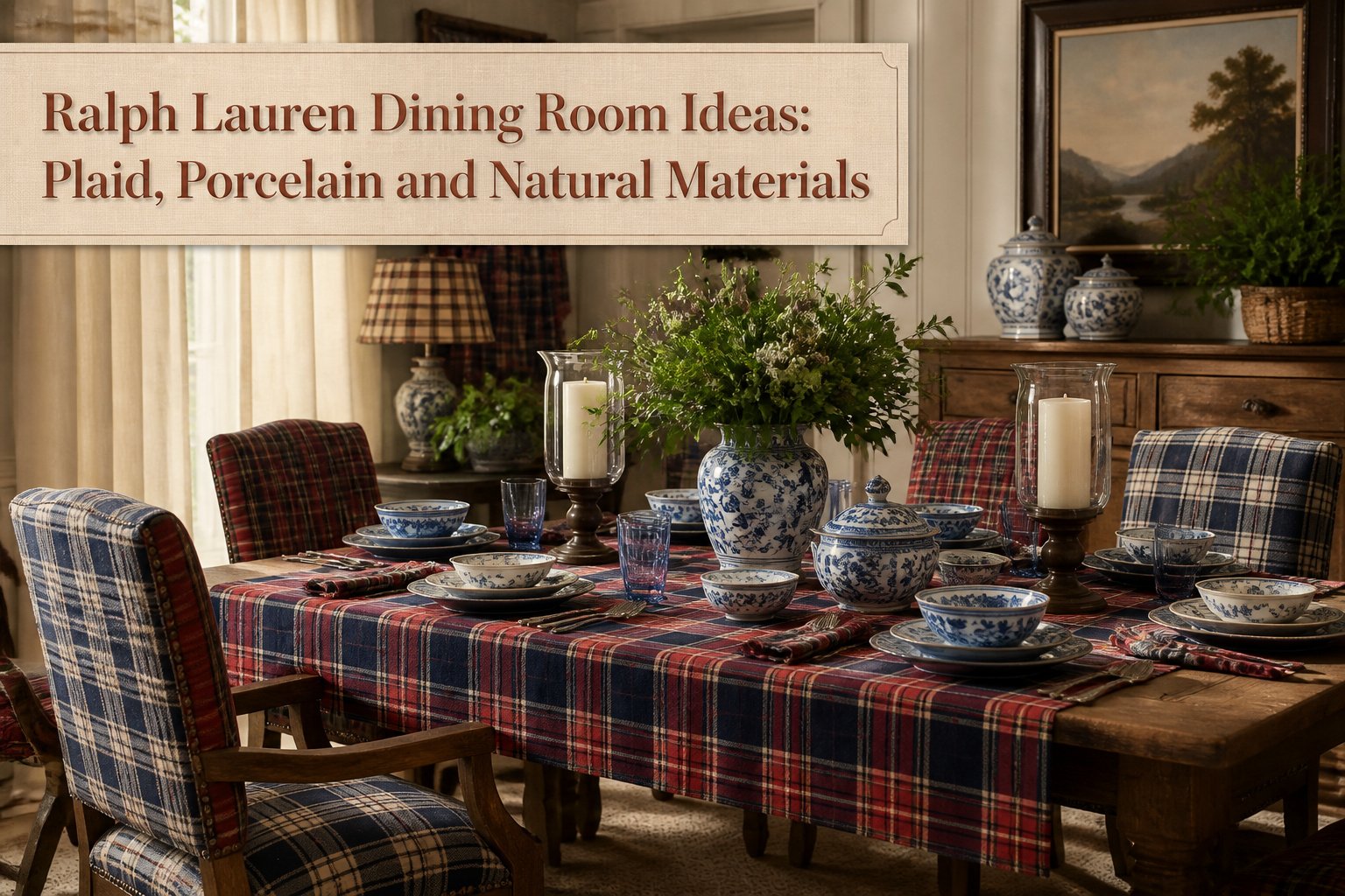 A cozy dining room featuring a wooden table, plaid textiles, and elegant decor.
