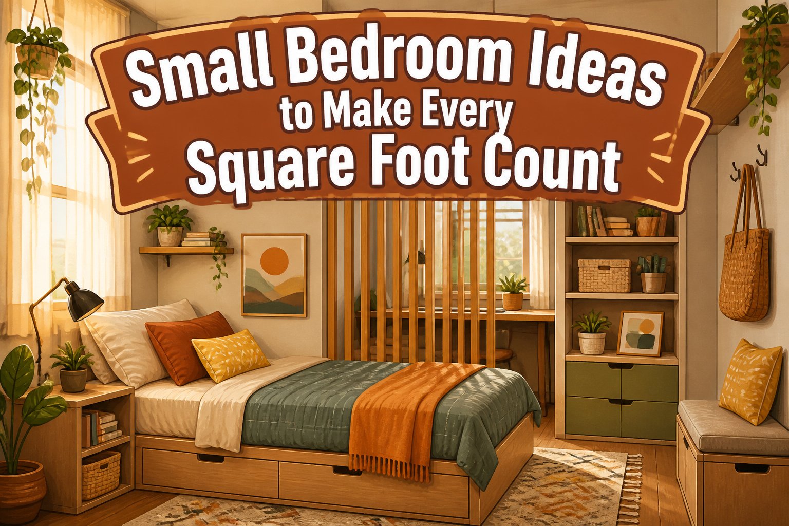 Small bedroom with warm beige walls, natural light, and soft furnishings.